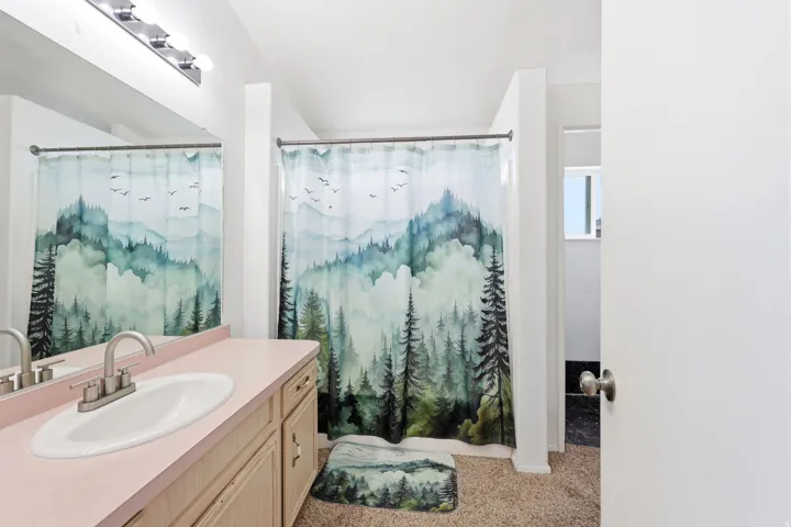 Bathroom vanity featuring a single basin sink with a brushed nickel faucet