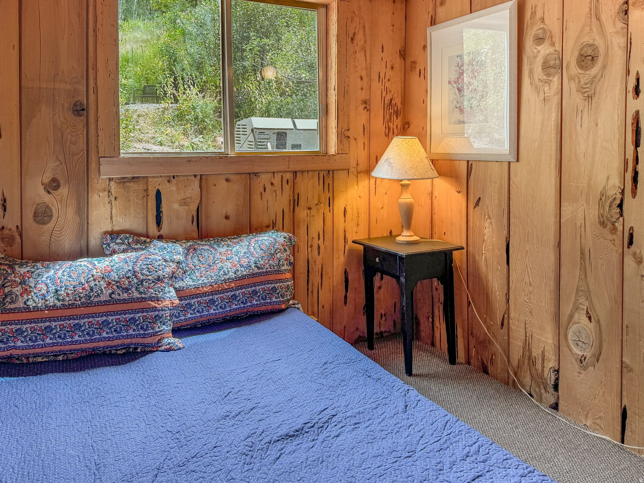 Room featuring wood paneling, a single window, and carpeted flooring