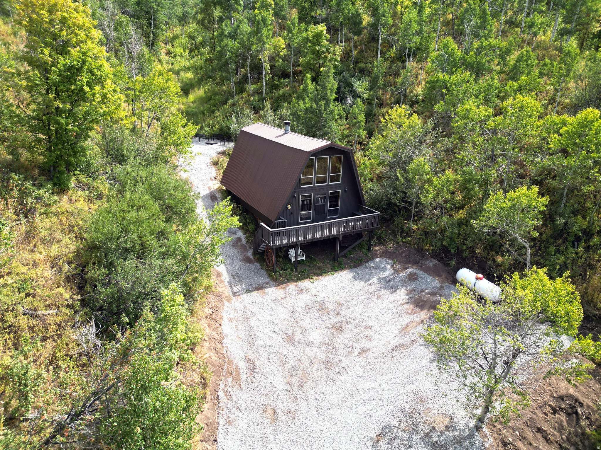 A-frame structure featuring a dark facade and a brown roof