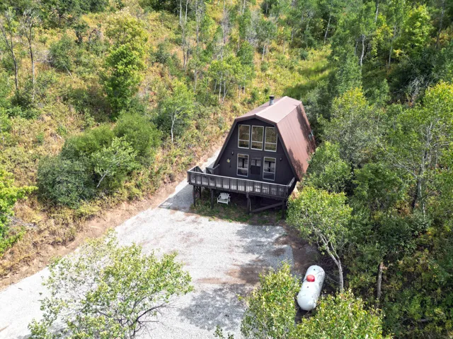 A-frame style residence featuring a brown metal roof and dark exterior siding