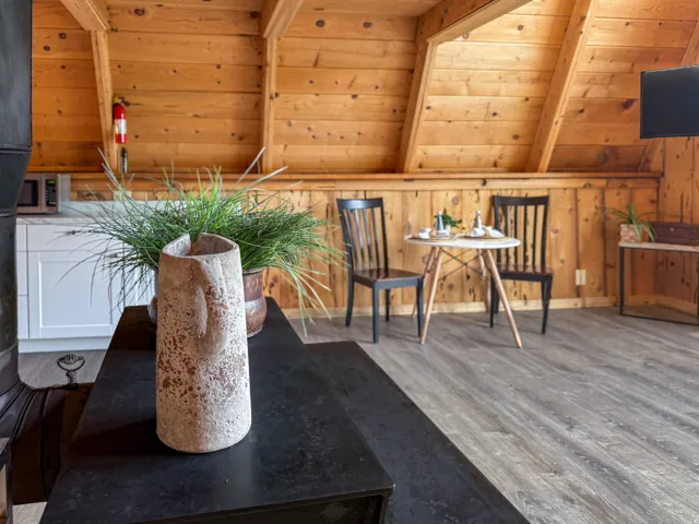 Vaulted wood-paneled ceiling with exposed beams