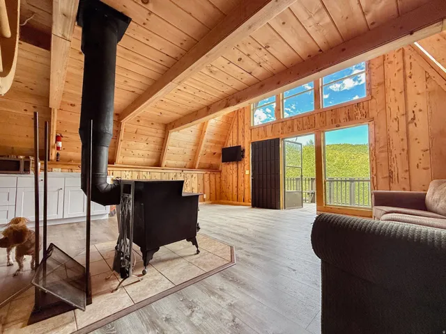 Wood-paneled interior featuring a prominent wood-burning stove on a tiled hearth