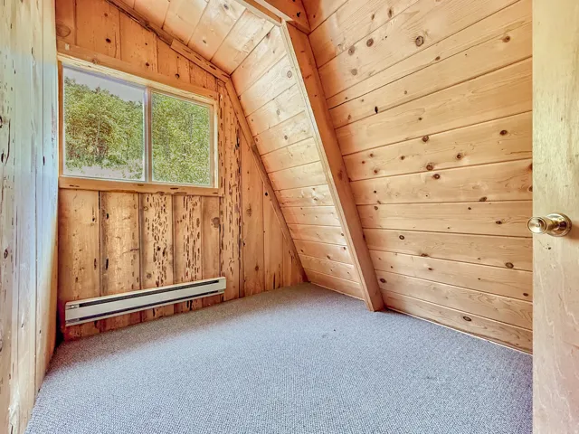 Room with horizontal wood plank paneling, a fixed window, and wall-to-wall carpeting