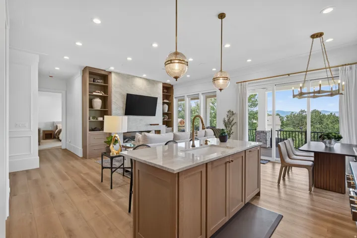 Guest House Open-concept living space featuring wood-finish flooring, a kitchen island with integrated sink, recessed lighting, and a stone-clad fireplace with built-in shelving