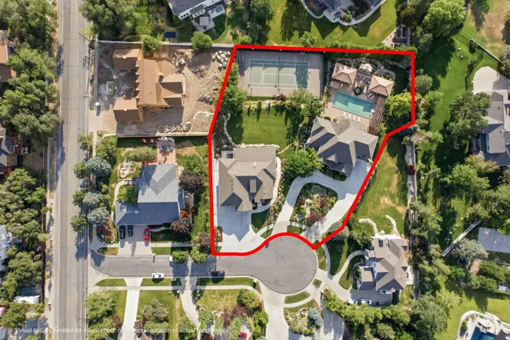 Aerial perspective showcasing a large residential property with 2 homes a private tennis court, a swimming pool, and multiple structures