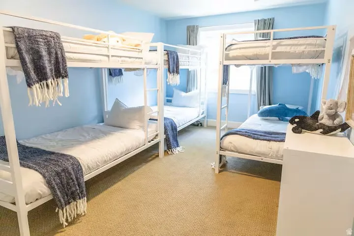 Light blue walls complementing natural light from window, tan carpet, and white bunk beds