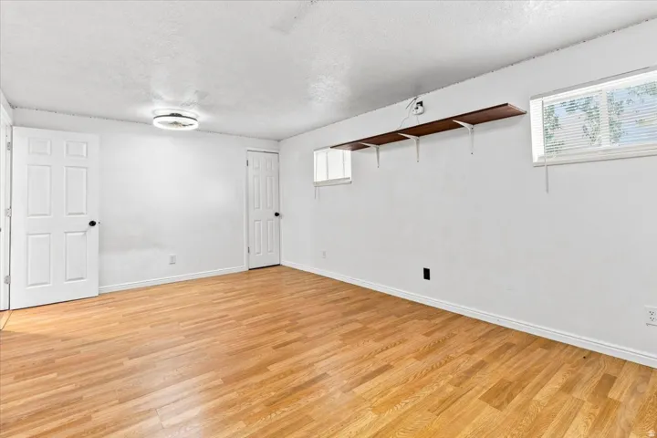 Room featuring wood-finish flooring, two panel doors, a ceiling-mounted light fixture, and two wall-mounted shelves