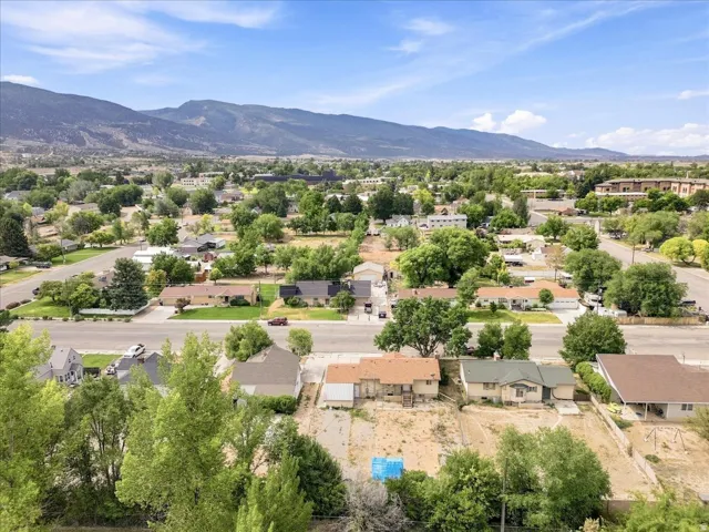Expansive aerial perspective showcasing a residential area with mature tree coverage and distant mountain ranges