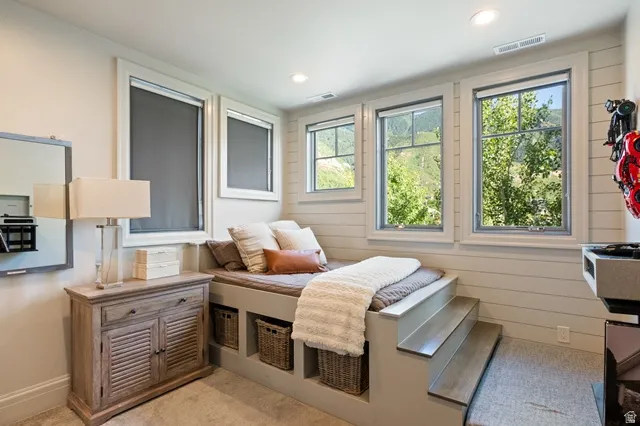 Built-in platform bed with integrated storage, wood-finish steps, multiple windows, recessed lighting, and shiplap wall detailing