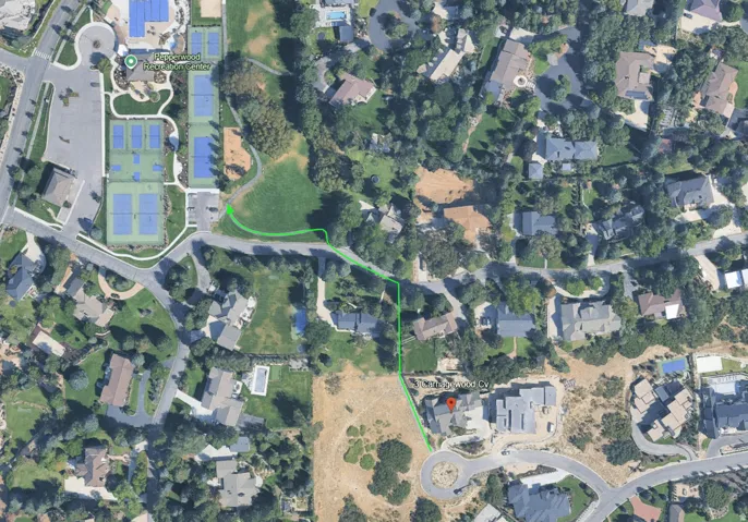 Aerial Survey Map reflects the proximity of amenities by using the walking/biking path that runs adjacent to the home.