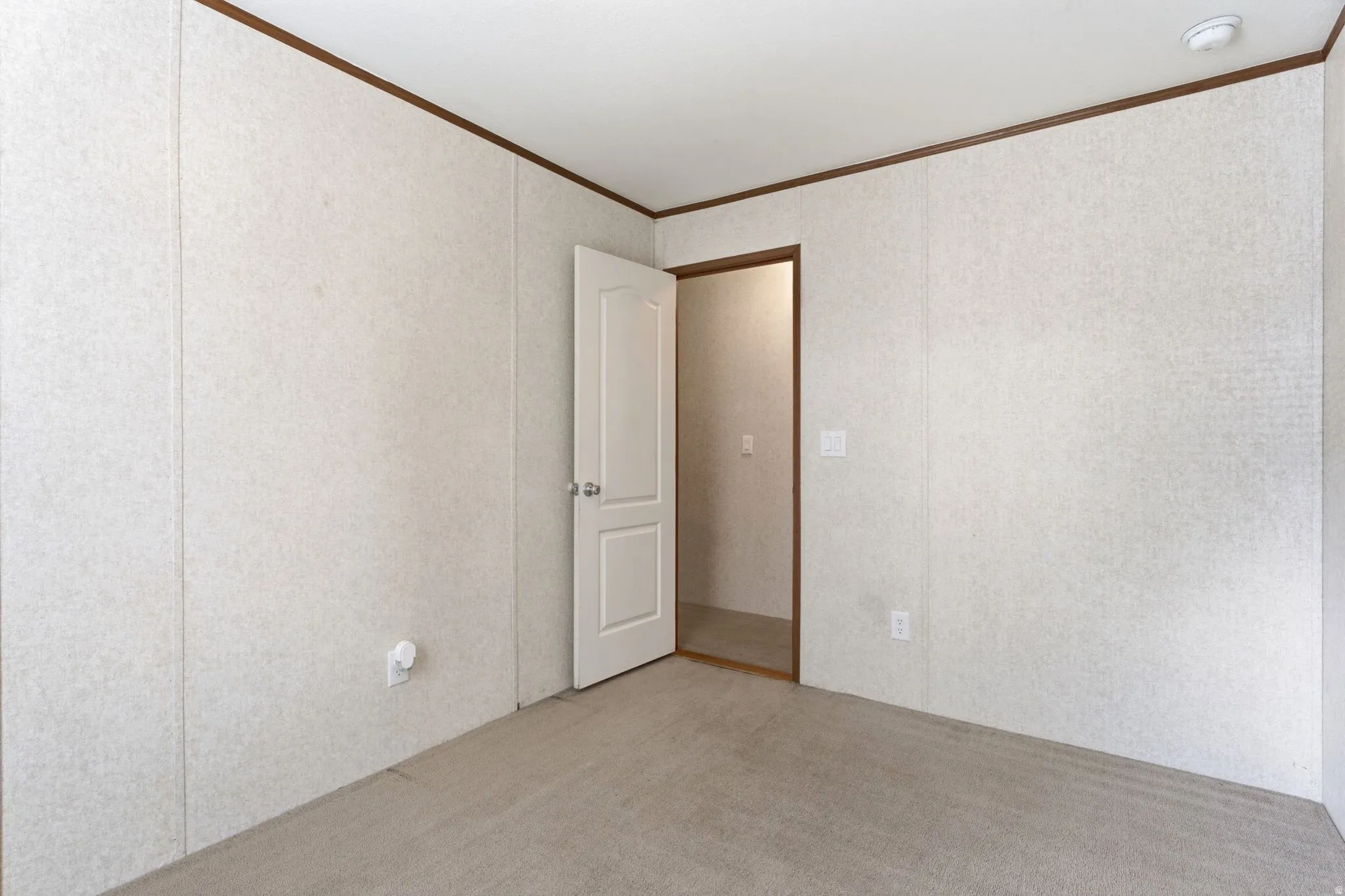 Carpeted room with light-toned wall panels, white trim, and a white interior door