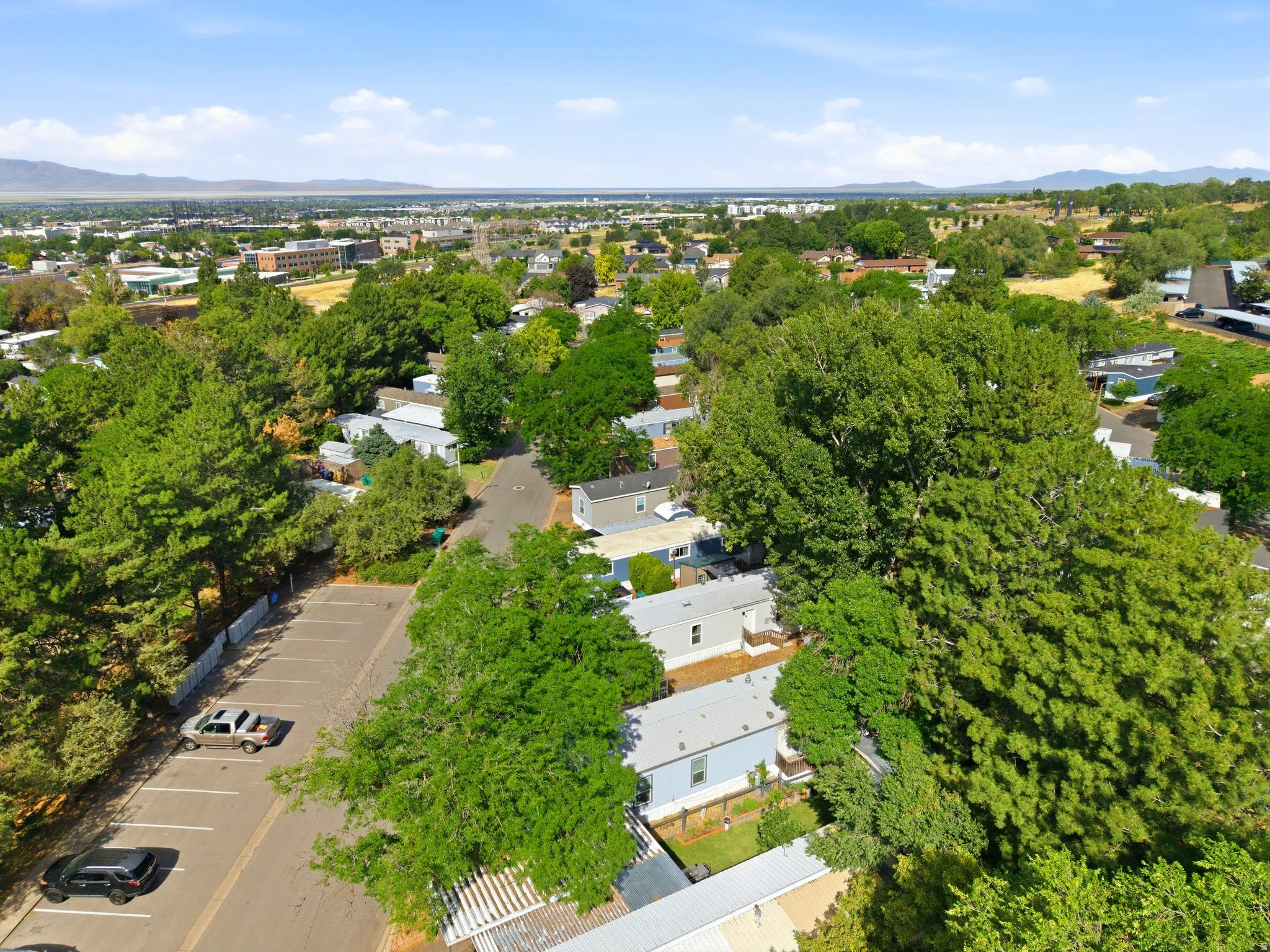 Aerial panorama showcasing a residential development nestled among established trees, with a distant city skyline and mountain ranges under a clear sky