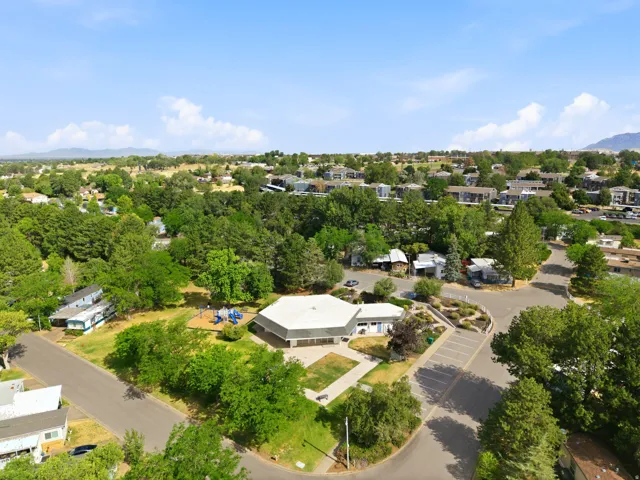 Aerial perspective showcasing a residential community with abundant mature trees and mountainous terrain in the distance