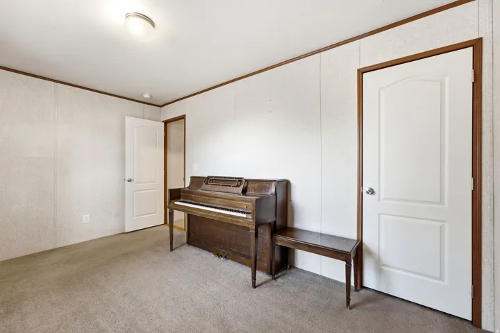 Neutral tone-on-tone carpeting complements vertical wall paneling with wood-finish trim
