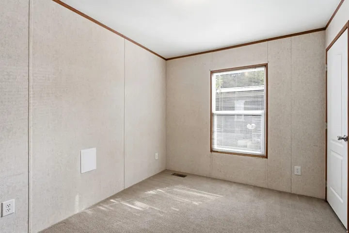 Carpeted room featuring a single window with blinds, light-colored walls with vertical paneling, and contrasting dark wood trim