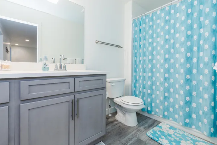 Bathroom featuring a gray shaker-style vanity with chrome hardware, a white countertop, a mirror, and wood-finish flooring