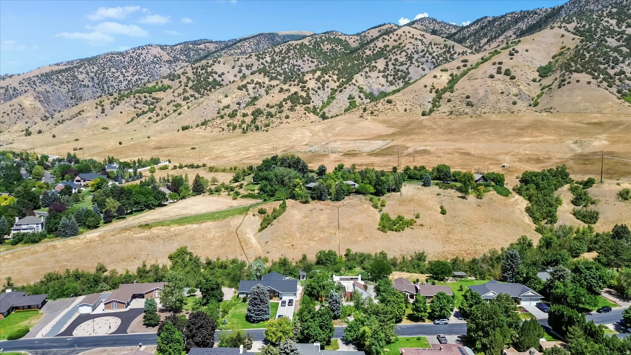 Expansive mountain landscape backdrop with residential properties nestled amongst mature trees