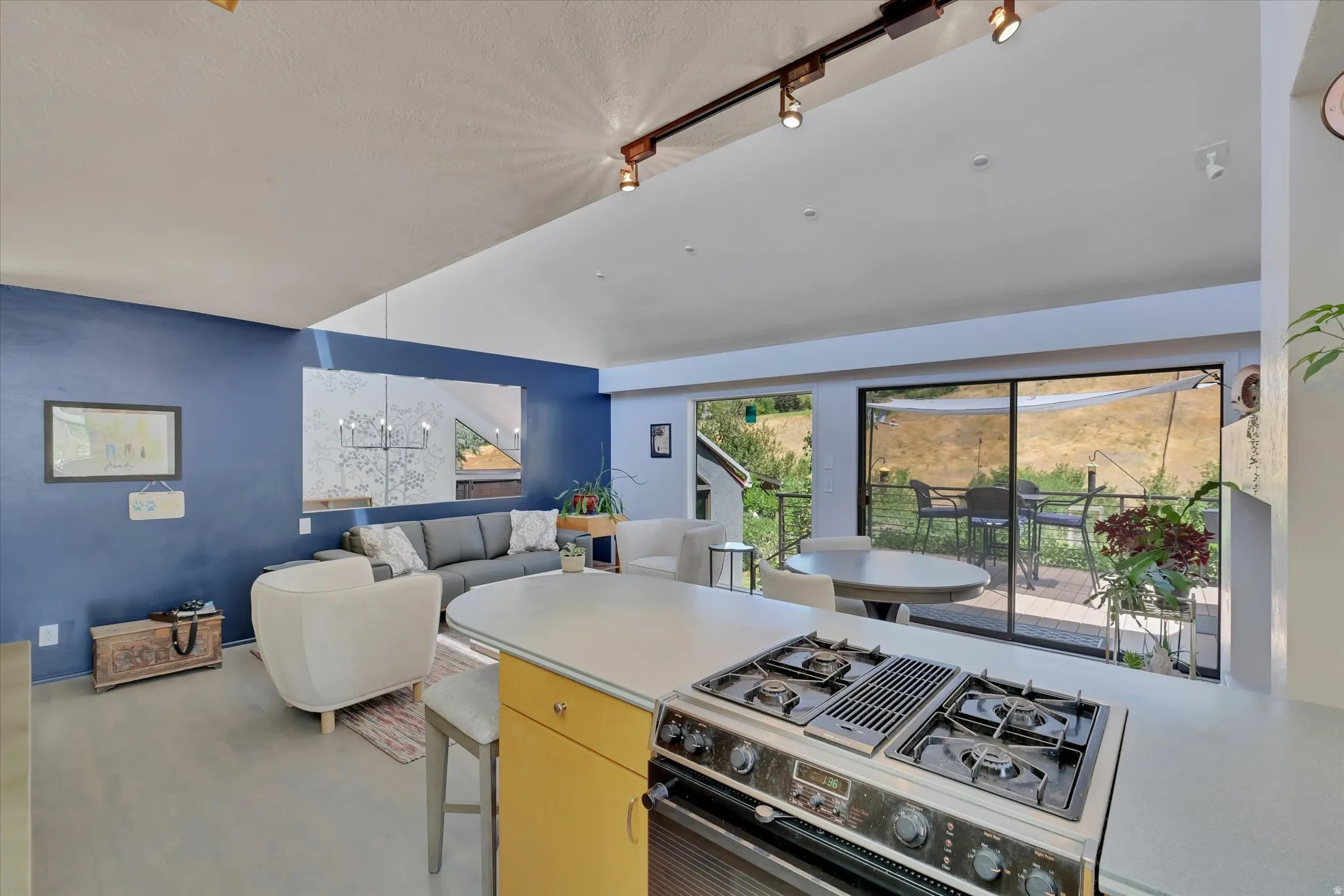 Open-concept living area with vaulted ceilings and track lighting