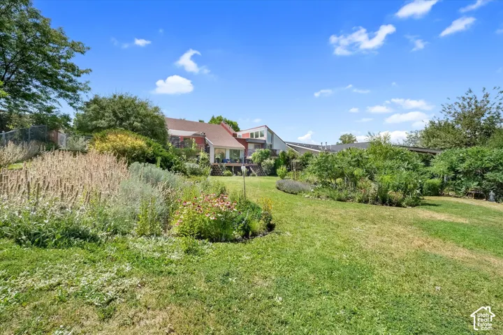 Expansive green lawn surrounded by mature landscaping and diverse plant beds