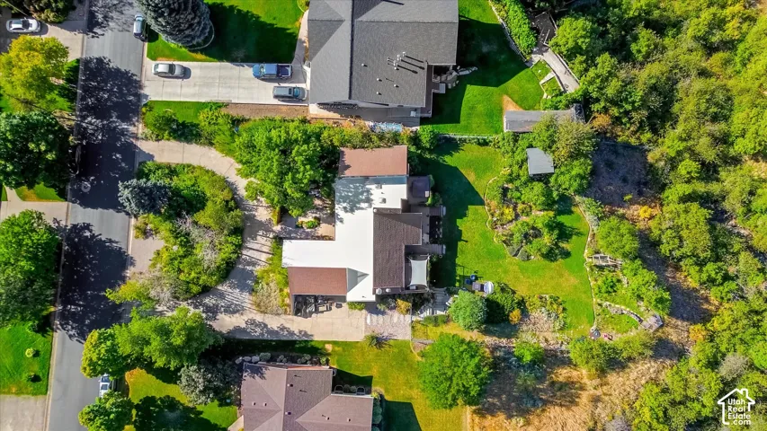 Aerial perspective showcasing a property with extensive natural landscaping