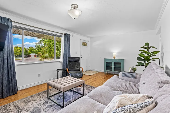 Light-filled living area featuring wood-finish flooring, a large picture window, and crown molding