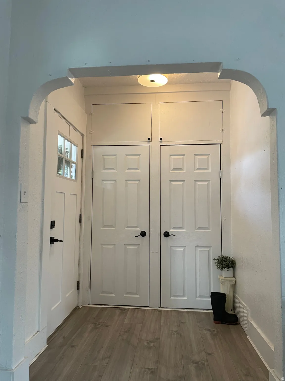 Entryway featuring wood-finish flooring and a white arched doorway