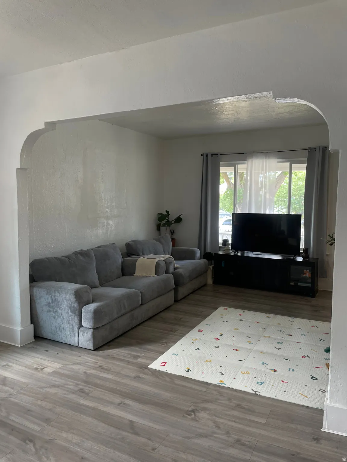 Spacious room featuring wood-finish flooring, a large window with natural light, and an arched entryway