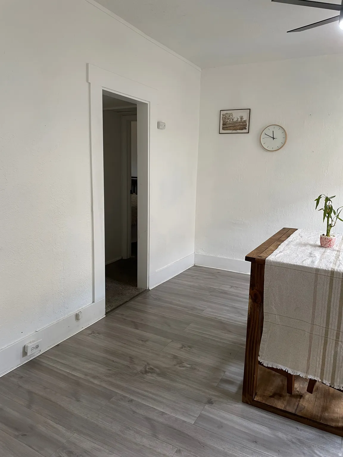 Light gray wood-finish flooring extending into a doorway with white trim