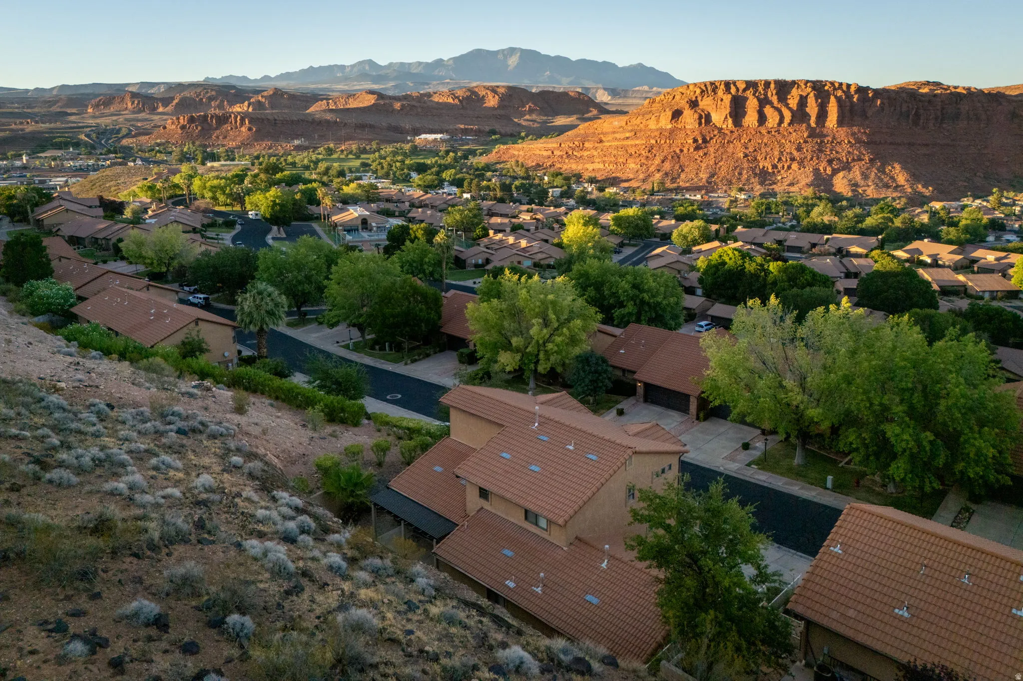 Residential community with tile-roofed properties nestled among mature trees