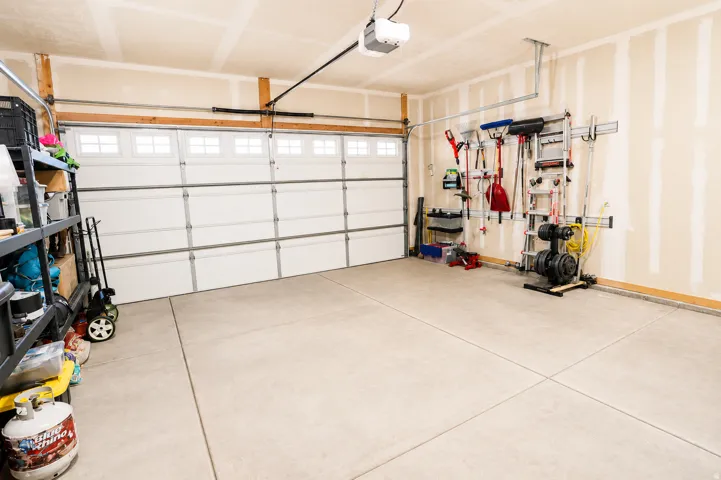 Spacious garage featuring a paneled overhead door with upper window inserts, concrete flooring, and an automatic garage door opener