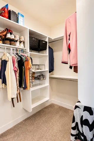 Walk-in closet featuring built-in shelving, multiple hanging rods, and neutral-toned carpeting