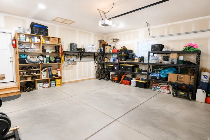 Spacious garage featuring a concrete floor, overhead lighting, and an automatic garage door opener