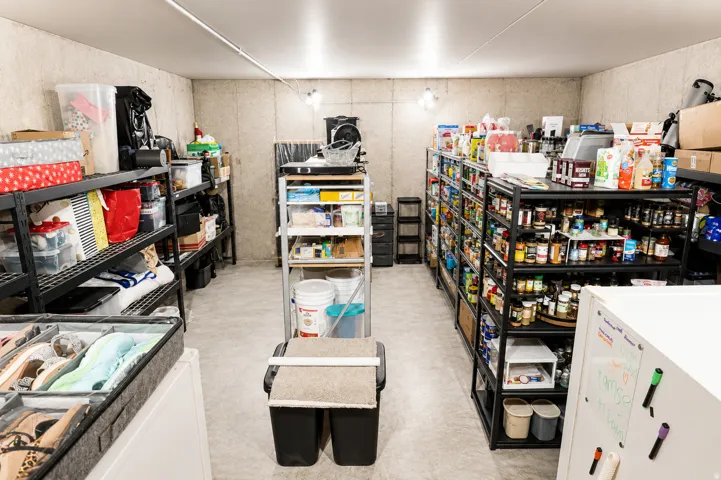 Spacious storage room featuring concrete walls, overhead strip lighting, and durable shelving systems