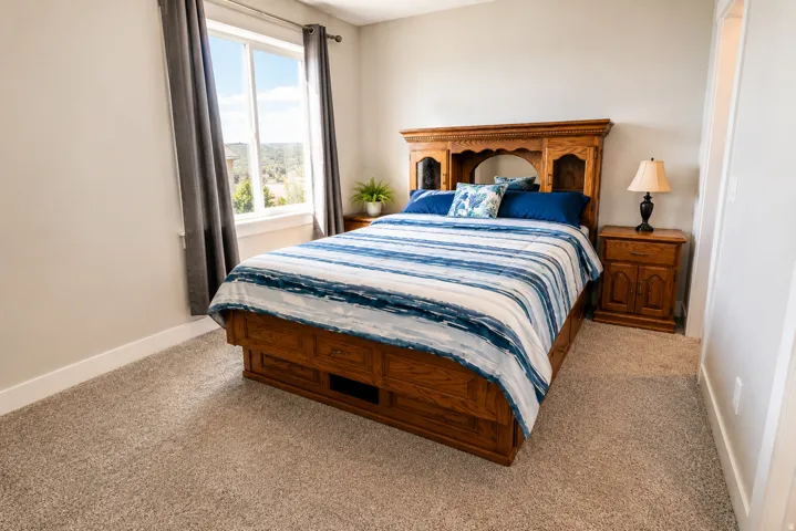 Light gray wall paint, tan carpeting, and white trim