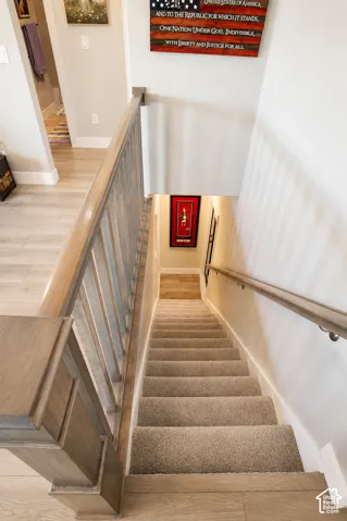 Carpeted staircase featuring a light wood-finish handrail and banister
