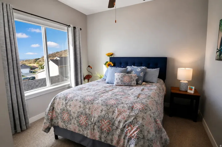Spacious bedroom with a large window, neutral wall paint, and plush carpet flooring