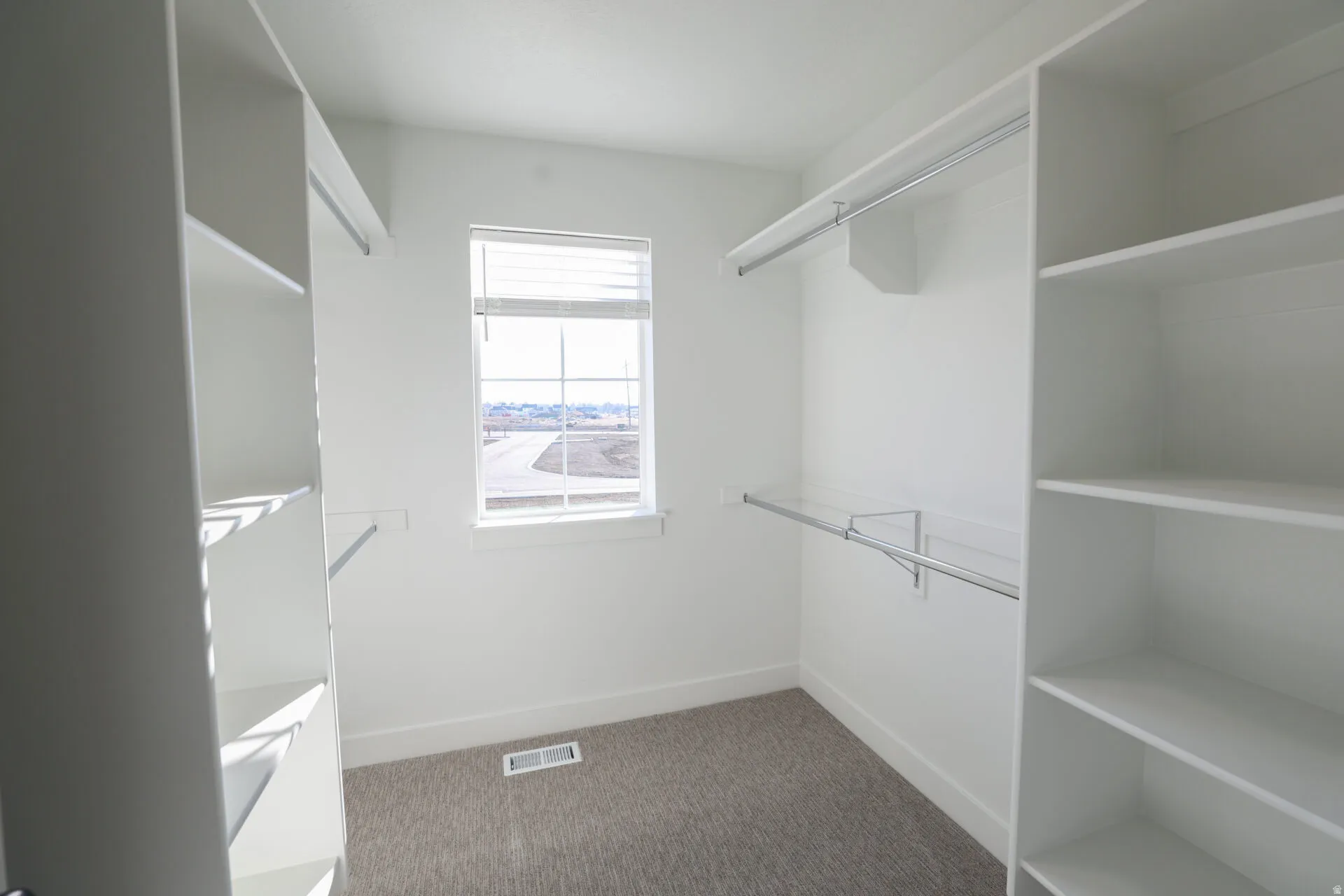 Walk-in closet featuring built-in shelving, hanging rods, light gray carpet, and a window with blinds
