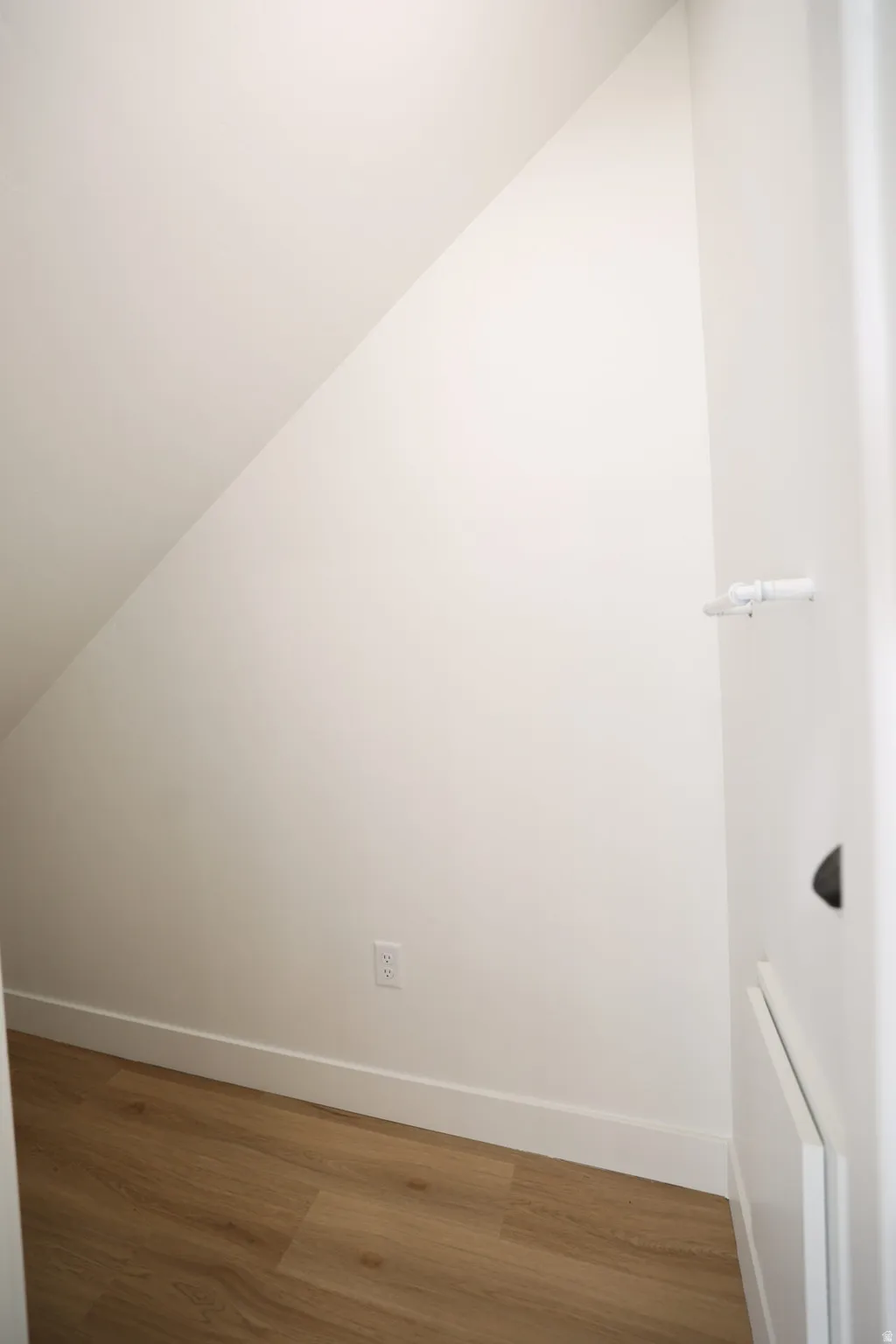 Under-stair storage area with wood-finish flooring, white baseboards, and a white wall finish