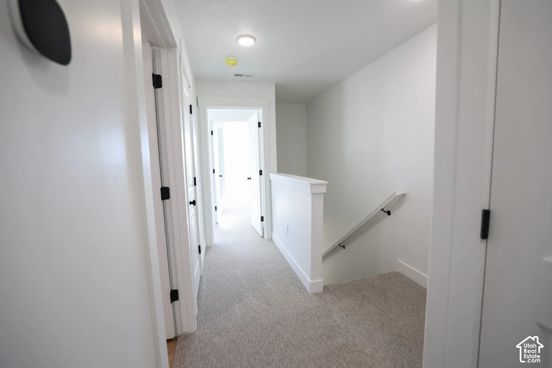 Bright hallway featuring light-colored carpeting and white walls