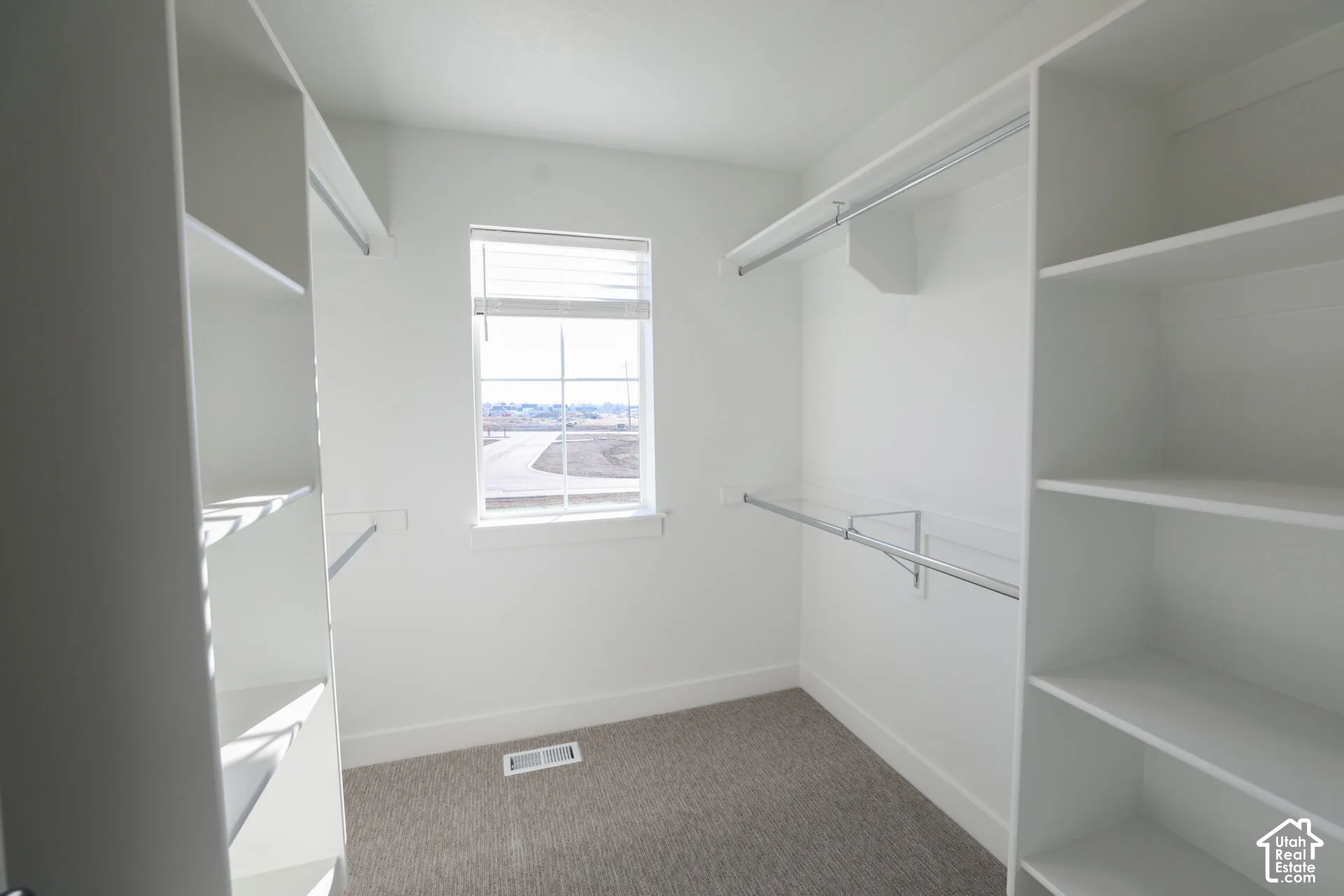 Walk-in closet featuring built-in shelving, hanging rods, light gray carpet, and a window with blinds