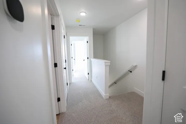 Bright hallway featuring light-colored carpeting and white walls