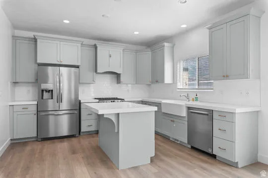 Modern kitchen featuring light gray cabinetry, stainless steel appliances, white countertops, a deep farmhouse sink, and wood-finish flooring