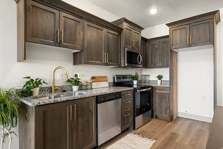 Kitchen featuring dark wood-finish cabinetry with gold-tone hardware, granite countertops, a gold-tone gooseneck faucet, stainless steel appliances, and wood-finish flooring