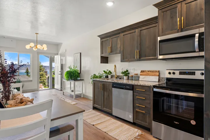 Kitchen area featuring dark wood-finish cabinetry with brass hardware, speckled countertops, and stainless steel appliances