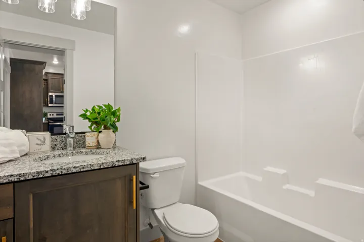 Bathroom featuring a dark wood-finish vanity with gold-tone hardware, granite countertop, undermount sink, and a combination tub/shower unit