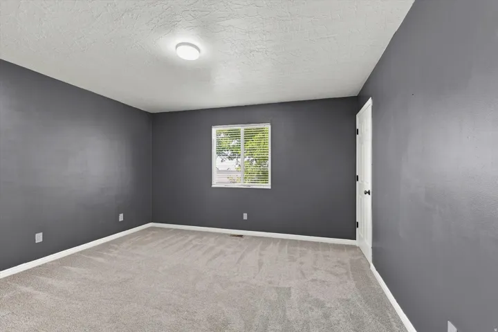 Spacious room featuring neutral carpet flooring, dark gray painted walls, a textured white ceiling, and a single window with horizontal blinds