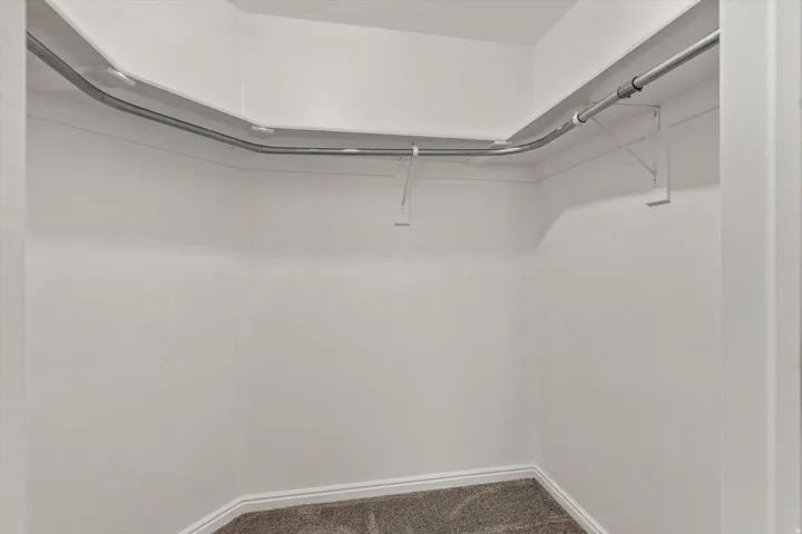 Walk-in closet with overhead shelving, metal garment rod, and neutral carpet flooring