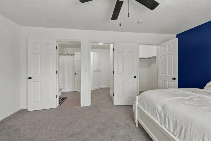 Spacious carpeted room featuring a ceiling fan, a distinct accent wall, and multiple white six-panel doors