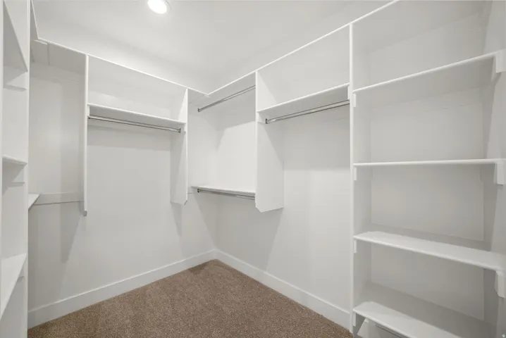 Walk-in closet featuring built-in white shelving, multiple hanging rods, recessed lighting, and carpet flooring