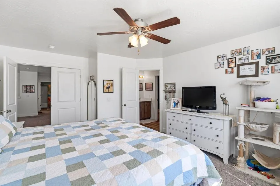 Spacious bedroom featuring light-colored walls and carpet flooring